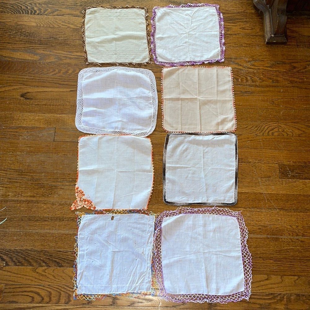 Lot of 8 cotton handkerchiefs with crochet‎ border hems